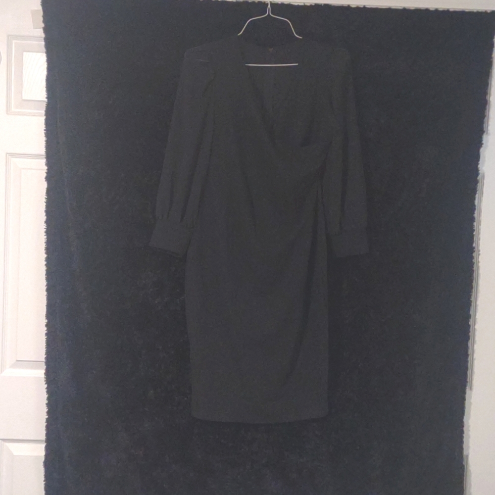 Black Casual Solid Pathwork (No Draw String) fold V Neck One Step Skirt Dress 2X